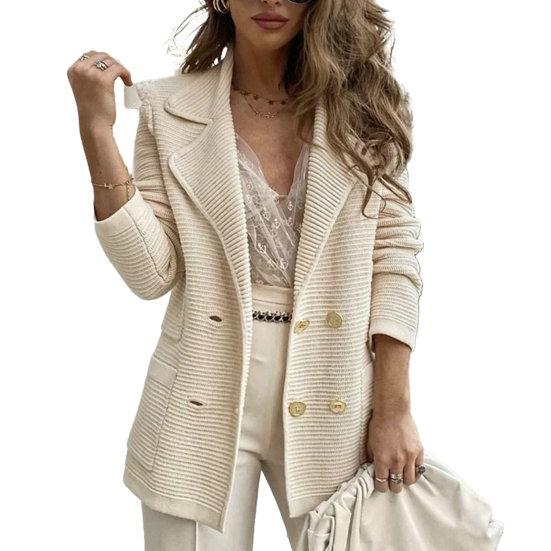 Women Fall Winter Coat Double-breasted Solid Color Thick Soft Warm Turn-down Collar Cardigan Buttons Pockets Mid Length OL Commute Style Lady Jacket