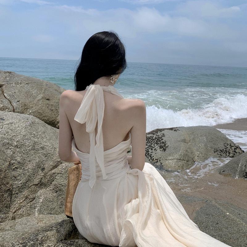 Women's Summer Sleeveless Hanging Neck Gentle Temperament Waist Long Dresses