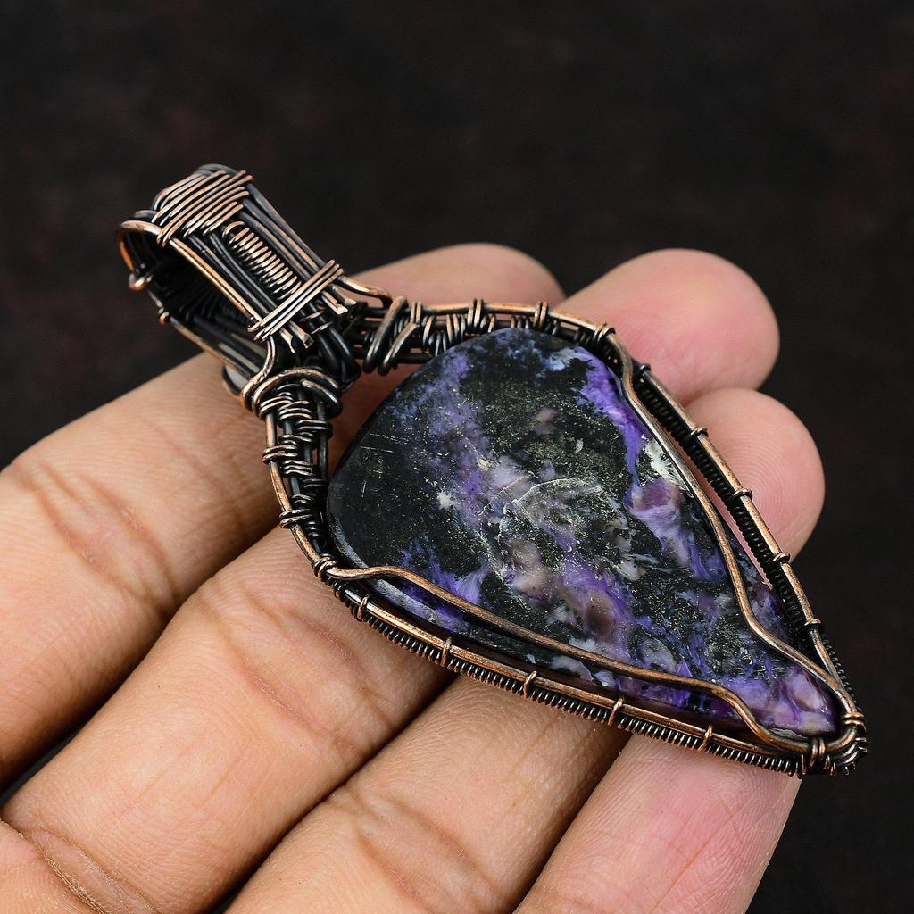 Подвеска из медной проволоки с чароитом, оригинальные ювелирные изделия из драгоценных камней, подвеска из проволочной обмотки ручной работы, ювелирное изделие из лунного камня, подарок для мамы, ювелирные изделия с чароитом