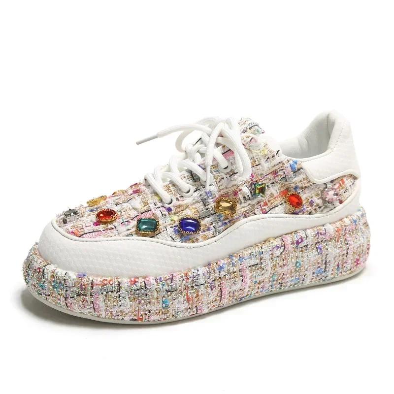 Красочные женские туфли ручной работы с инкрустацией из бриллиантов, новые модные универсальные спортивные туфли со стразами на толстой подошве, повседневная обувь для банкета
