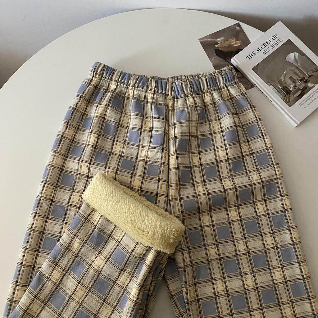 Women's High-Waisted Fleece-Lined Wool Plaid Wide-Leg Pants