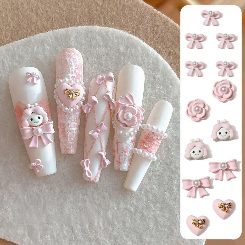Мультяшные розовые жемчужные сердечки с бантами, аксессуары для ногтей со стразами
