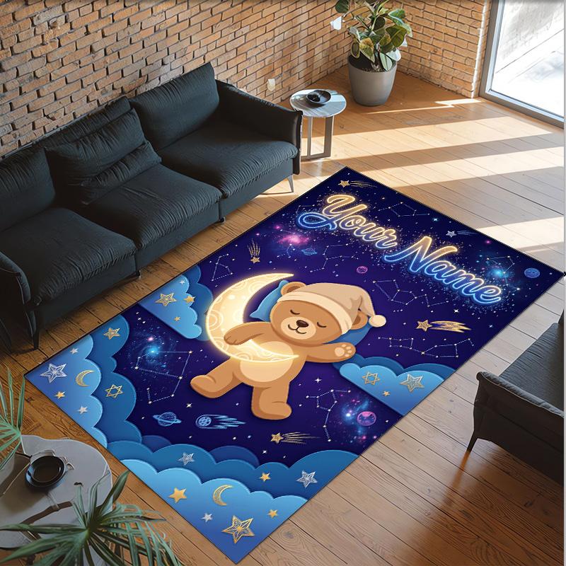 Teddy Bear Theme Crystal Velvet Rug Personalized Custom Name Text Soft Floor Mat Home Decor