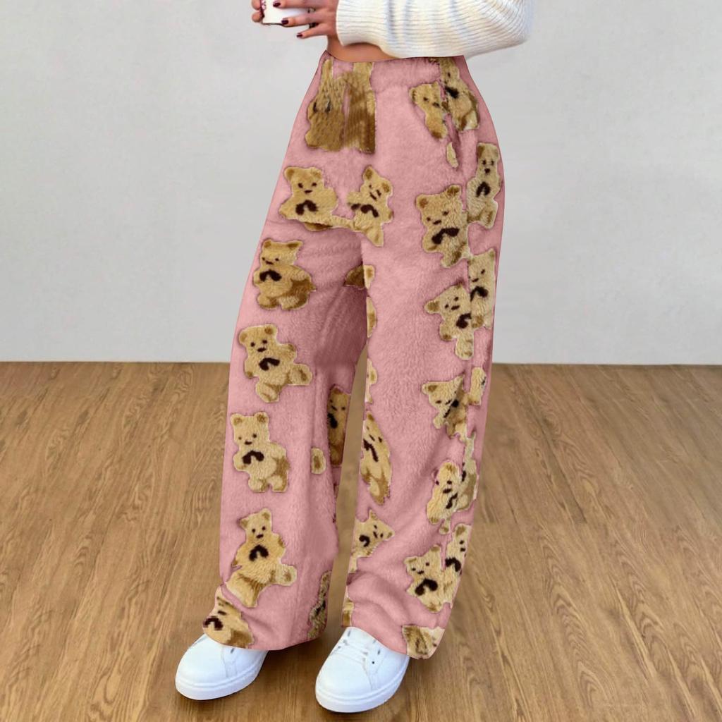 Женские милые плюшевые пижамные брюки с принтом медведя с карманом, широкие плюшевые повседневные брюки