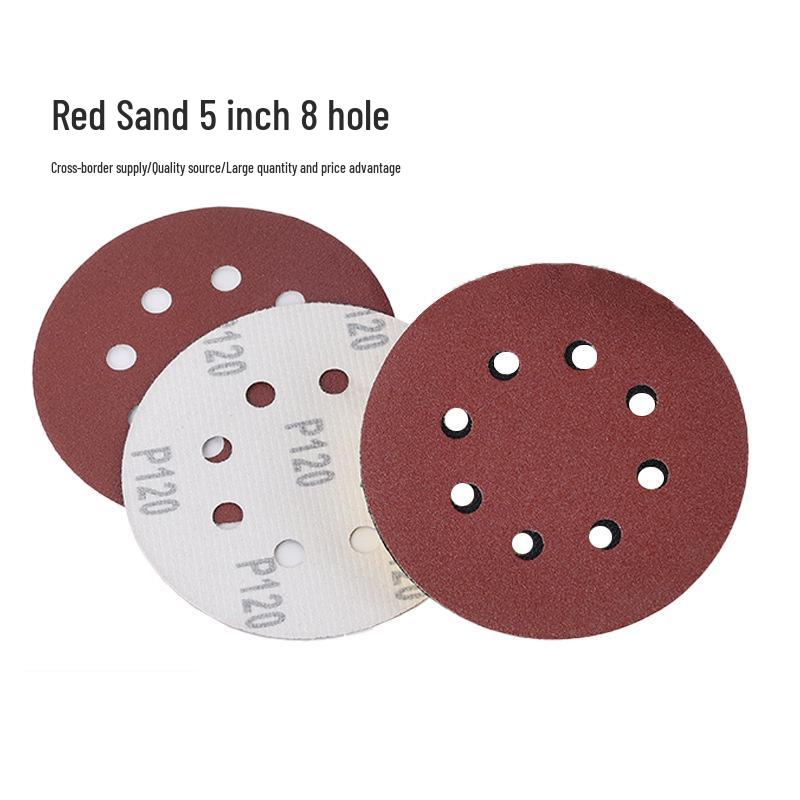 5-Inch 8-Hole Flocked Red Sandpaper Disc, Brown Corundum, for Metal Rust Removal and Putty Sanding