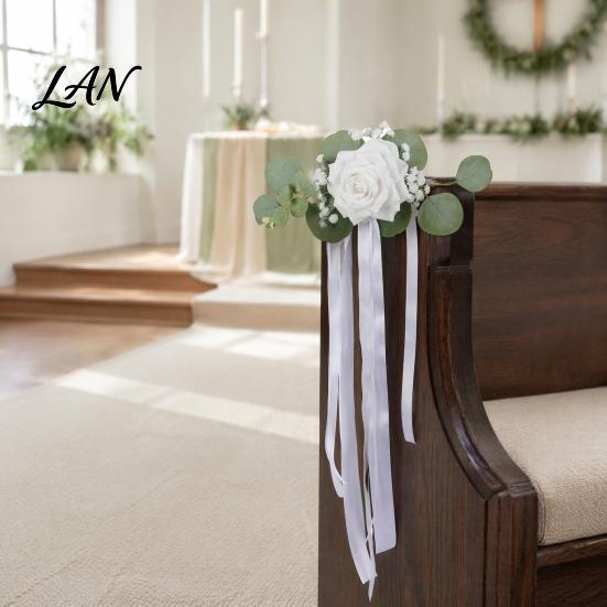 Weather Resistant Car Decor Wedding Door Handle Flower with Ribbon Tie And Green Leaves, White Artificial Photo Prop Rose Rearview Mirror Bouquet for