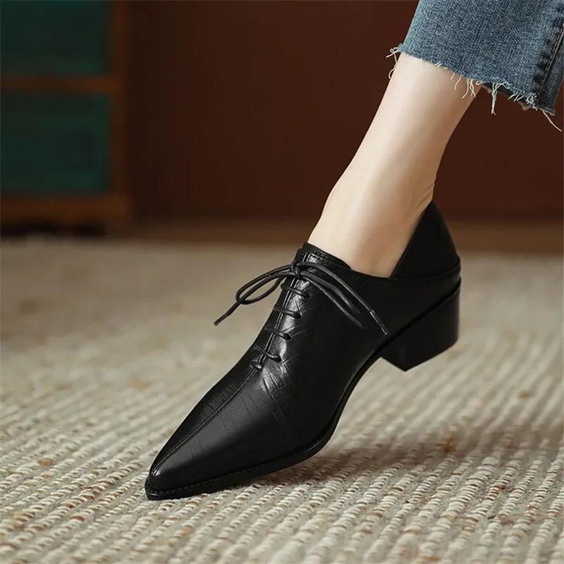 Мода 2024 Новая Мода Женские Туфли-Лодочки Острый Носок Летняя Обувь Массивный Каблук Шнуровка Лоферы Обувь для Женщин Ручная Работа Ретро Женская Обувь