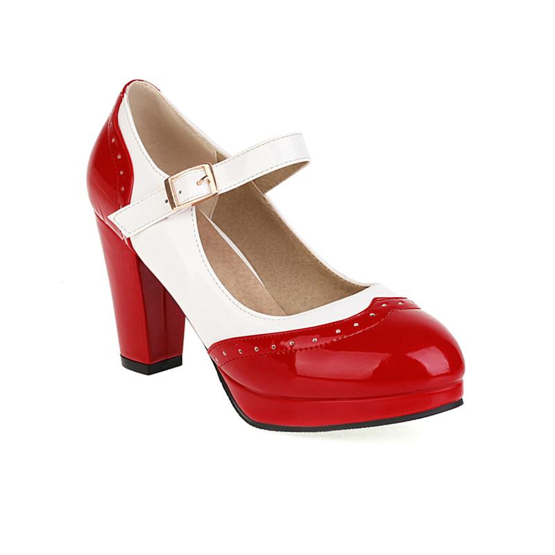 Fashion Sweet High Heels Pumps Mary Janes Shoes Woman Patchwork Patent Straps Women's Heeled Party Office Wedding Shoes Large Size 48