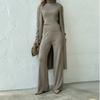 Elegant Comfy Ribbed Knitted Loungewear Suits Autumn Long Cardigan Turtleneck Vest Wide Leg Pants 3 Piece Set