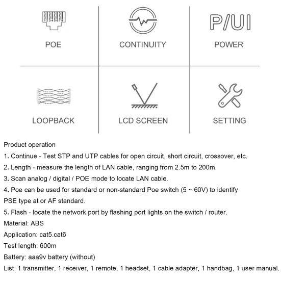 Тестер проводов ЖК-дисплей Технология определения местоположения кабеля АБС POE Тестер проводов для трассировки кабелей Ethernet LAN