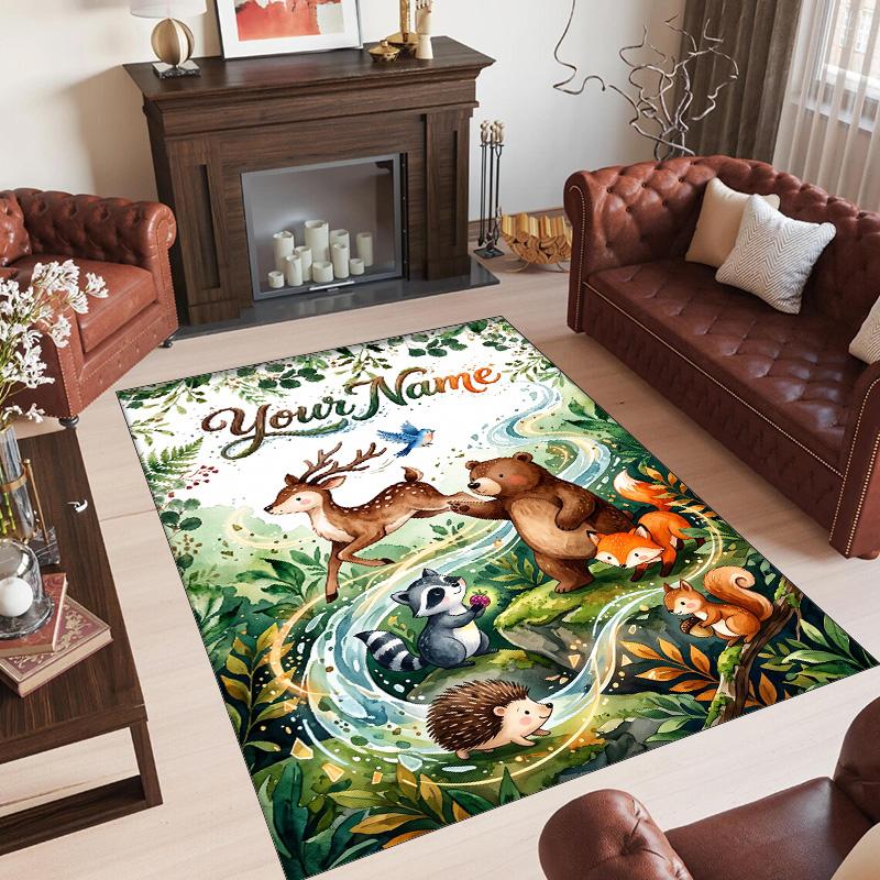 Forest Nature Theme Crystal Velvet Rug Personalized Custom Name Text Soft Floor Mat Home Decor