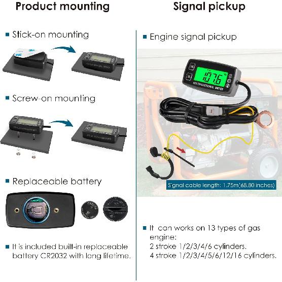 RL-HM035T-TS002 Digital Hours Tachometer, Engine Temp Gauge | RPM & Temp Alert, Replaceable Battery, Fits for Gasoline Engine Lawn Mower Generator