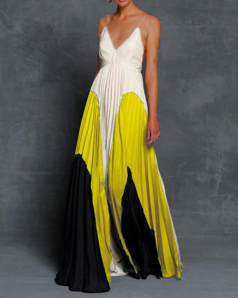 Summer European and American women's clothing wish digital printing slim and thin long color matching pleated suspender dress