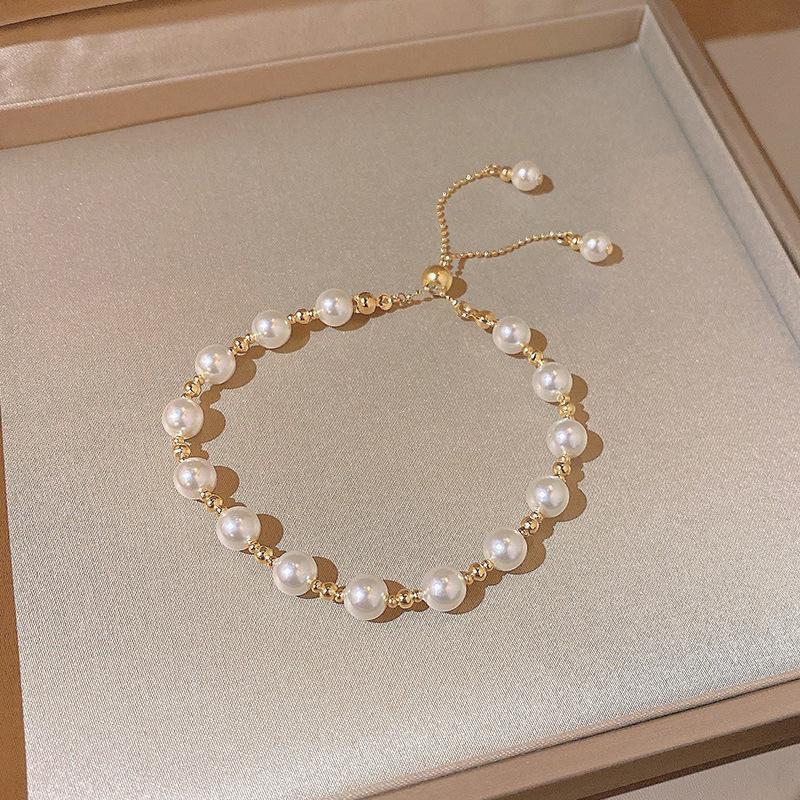 French Luxury Girls Women Pearl Bracelet Beaded Adjustable Elegant Simple Style Gift High Gloss Faux Pearl Fashion Jewelry