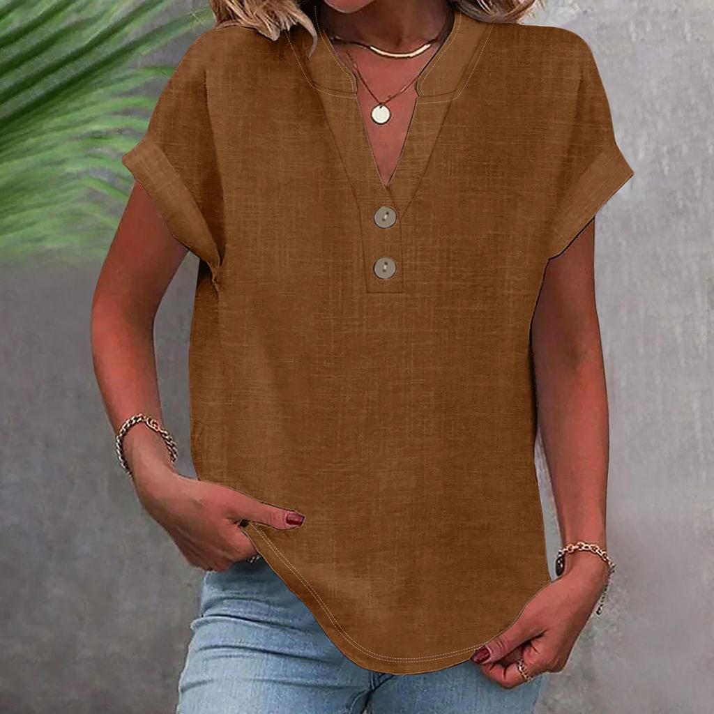 Women's Fashion Casual Solid Colour V-Neck Short Sleeve Button Down Shirt T-Shirt Top