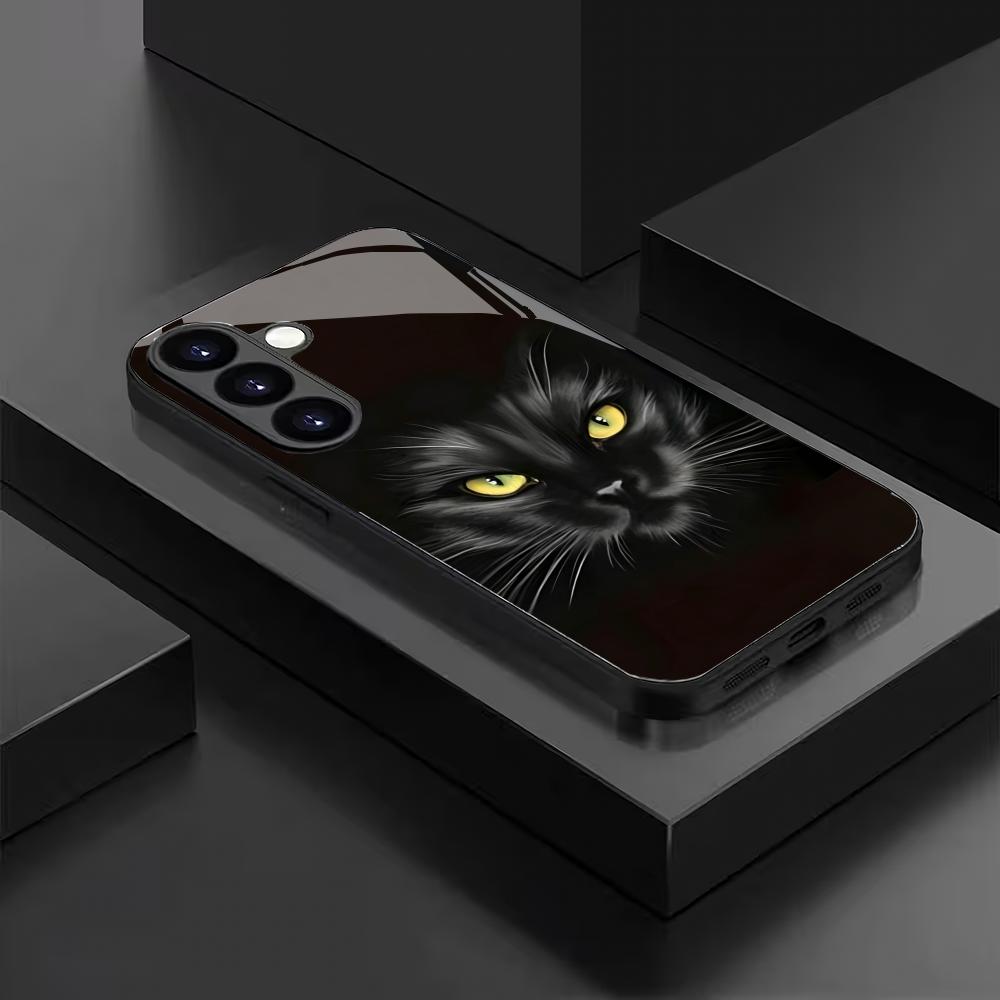 Черный стеклянный чехол для телефона с кошкой, подходящий для Samsung Galaxy S26 S25 S24 S23 S22 S20 FE/Ultra/Plus, противоударная задняя крышка