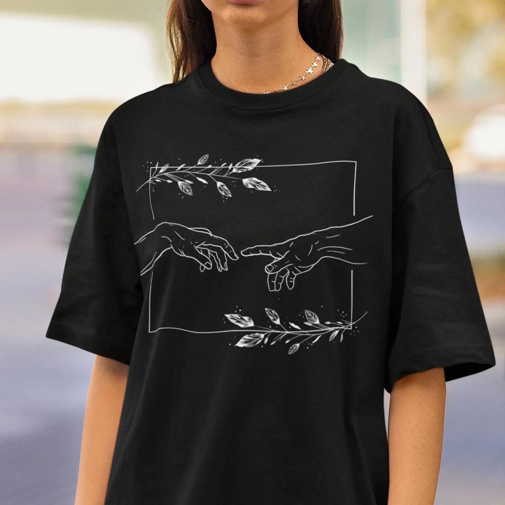 Vintage Michelangelo Creation Of Adam One Line Art T Shirt Minimal Aesthetic Cotton For Lovers Vintage Casual