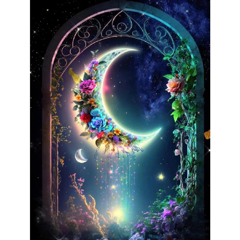 Алмазная картина Полный дрель Цветок Луна Пейзаж Круглая алмазная живопись Ручная работа Фруктовый десерт Diy Алмазная мозаика Картина Украшение дома