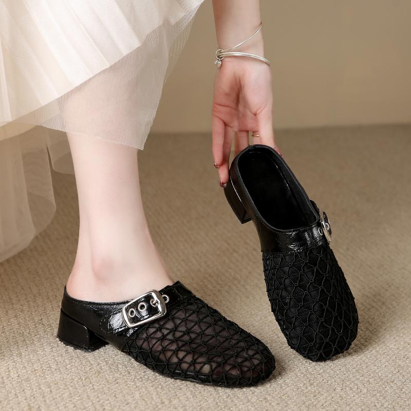 Мода Мода Баотоу Тапочки Лето Новые Круглый Носок Сетчатая Ткань Металлическая Пряжка Противоскользящие Износостойкие Обувь на Каблуке