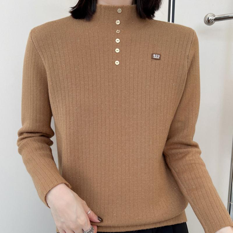 IHUASU Thickened One-piece Velvet Button Jumper Women's Autumn and Winter Half-high Neck Warm Knitted Bottoming Shirt with A Hundred Tops