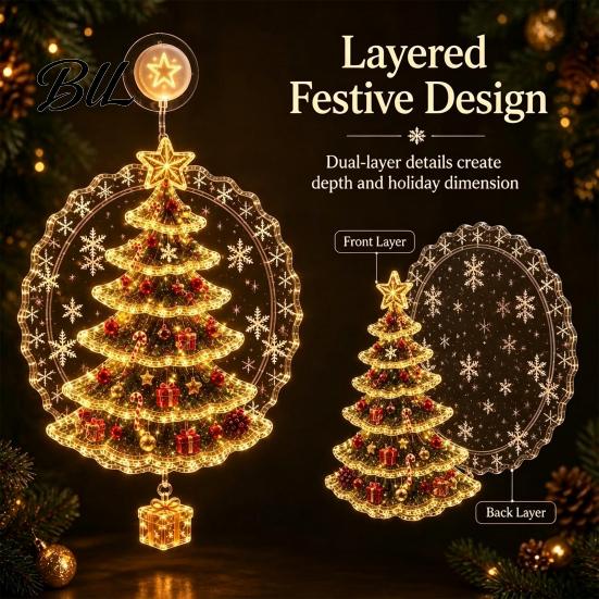 Festive Window Decoration Christmas Suction Cup Light, Santa Claus Xmas Tree Decorative Lamp Snowman Glass Ornament, Holiday Party Acrylic Hanging
