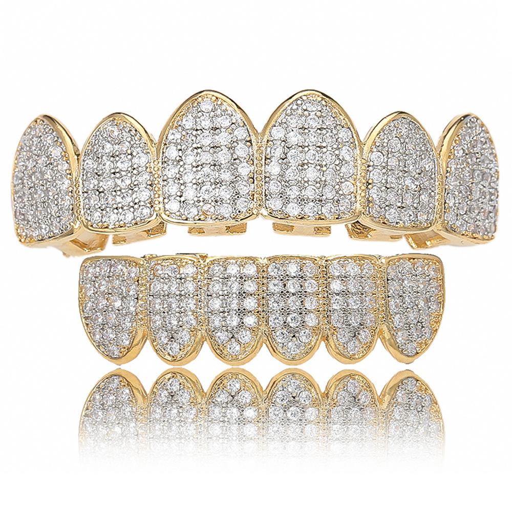 Ice Out Hip Hop Gold Teeth Jewelry Grillz Mouth Teeth Caps Top & Bottom Diamond Zircon Tooth Set Mens Women Vampire
