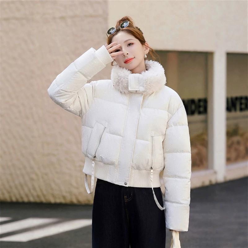 Womens Short Cotton Puffer Jacket With Faux Fur Collar Loose Fit Winter Coat Daily Wear
