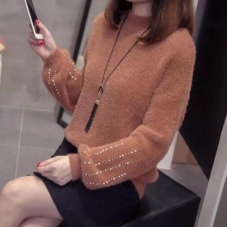 Нечеткий свитер для женщин, бархатный свитер из искусственной норки, женский пуловер с бисером, нижняя рубашка, корейские свитера из мохера с высоким воротом и длинными рукавами