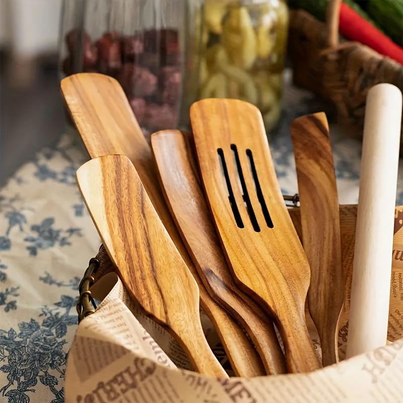 5pcs/set Premium Wooden Spatula Set, Durable Kitchen Cooking Utensils, Stylish Handcrafted Solid Wood Turner and Spoons, Cookware Needs Kitchen Stuff