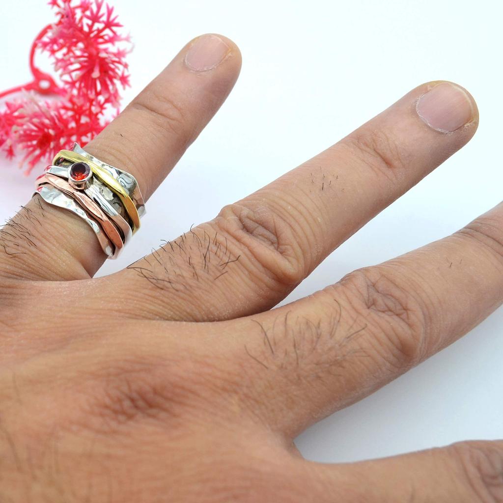 Кольцо Spinner Band, Кольцо с гранатом, Трехцветное кольцо, Серебряное кольцо 925 пробы, Женское кольцо, Заявление, Кольцо с камнем, Серебряные украшения, Кольцо в стиле бохо