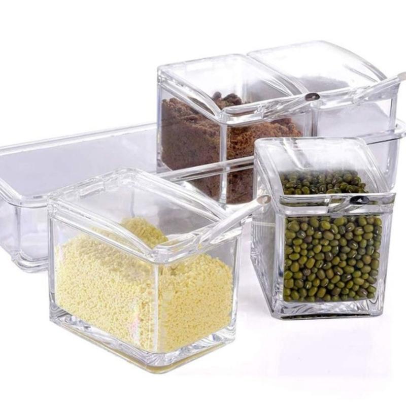 Convenient Seasoning Container 4 Compartment Condiment Storage Box Transparent Spices Container Organization Tool