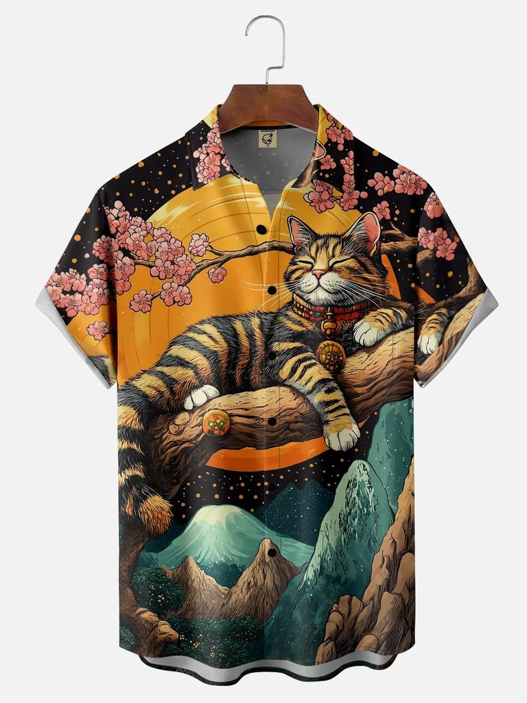 Retro Men's  Short Sleeve Shirt Summer New Casual Fun Hawaiian Ukiyoe Kitten Fishing Shark Print Lapel Short Sleeve Shirt