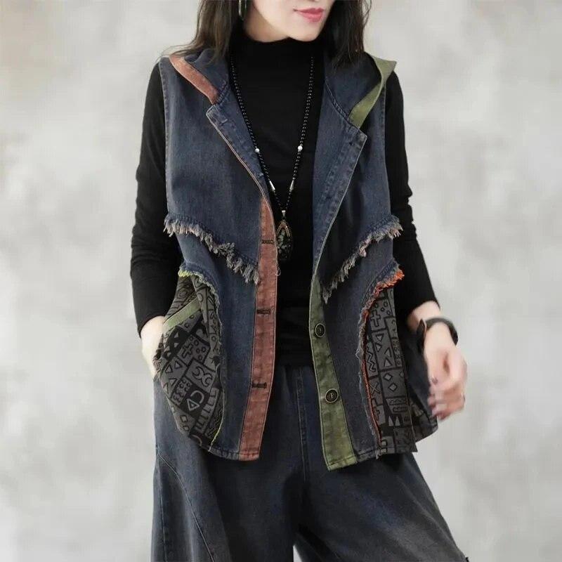 Women's Fall Hooded Splicing Loose Denim Vest Literary Retro Double Pocket Washed Jacket