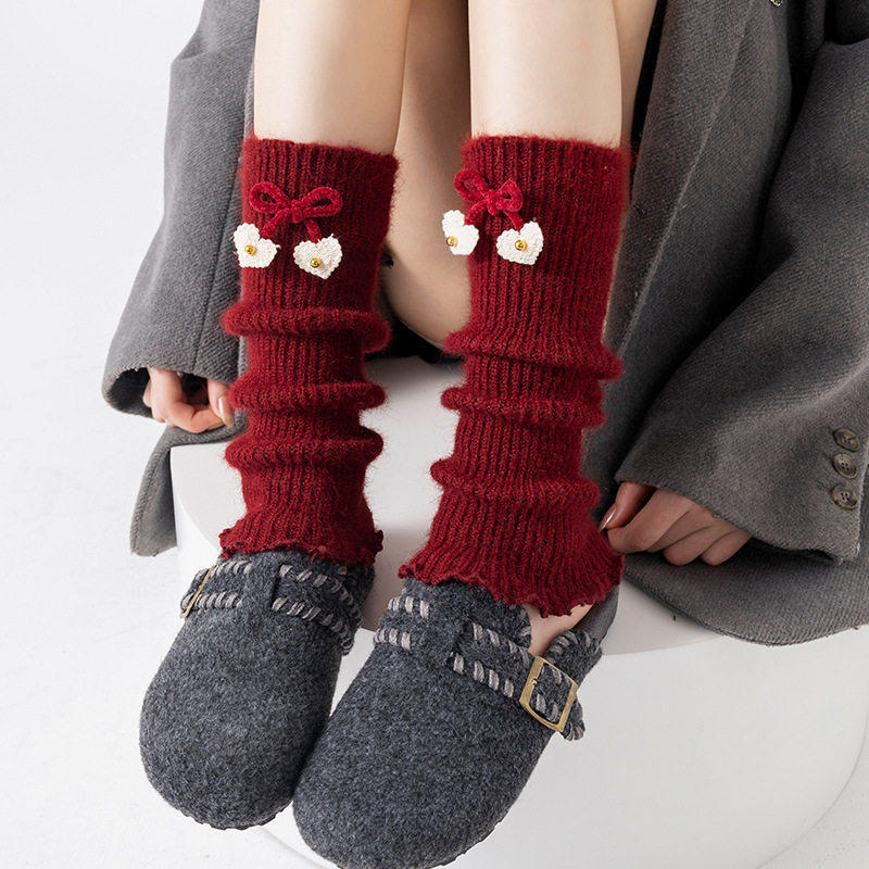 New Year'S Day Red Medium Tube Leggings Leg Cover Women'S Knitted Warm Sweet Butterfly Autumn And Winter Stacking Socks Cover Vertical Calf Socks