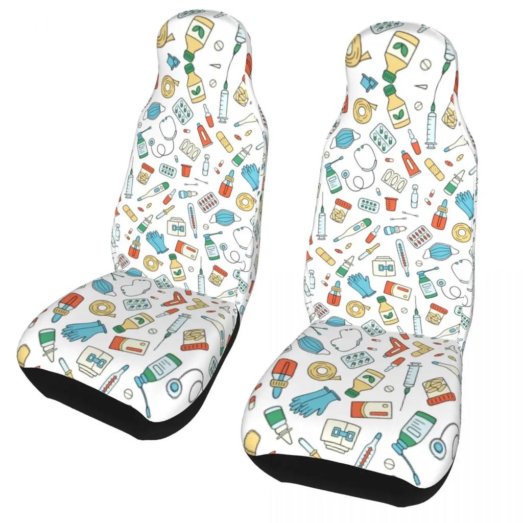 Шапка медсестры Узор сердечки Передний чехол на автосиденье для женщин Принт Чехлы для сидений для медсестер Подходят для любого грузовика, минивэна, дома на колесах, внедорожника 2 шт.