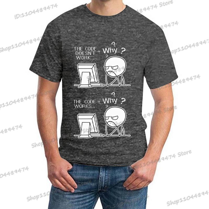 Креативный Программист Код Работает Почему Повседневная Футболка с Принтом Короткий Рукав Homme Футболка Хиппи Мода Уличная Одежда для Мужчин