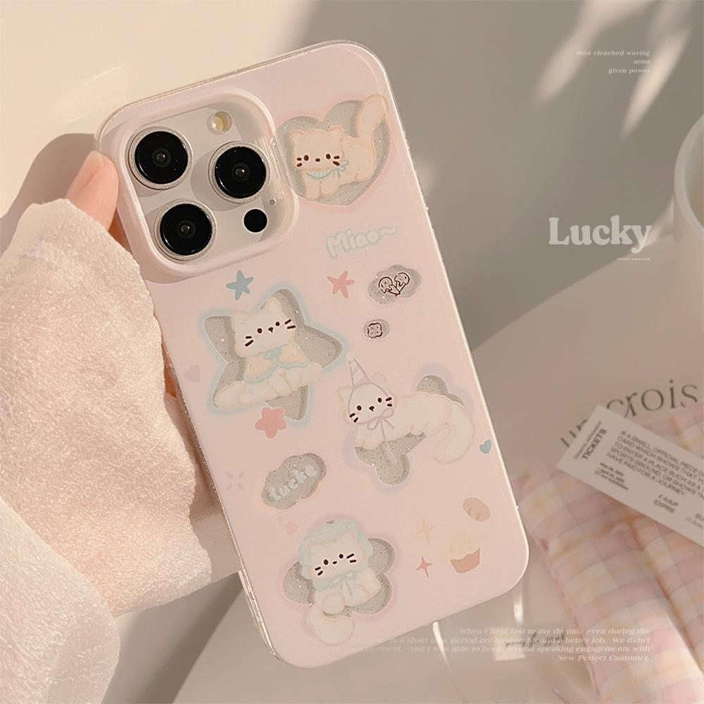Милый Мультяшный Кот Чехол для Телефона для iPhone 17 16 15 14 13 Pro Max, Кавайный Котёнок Ударопрочный Чехол, Эстетичный Розовый Защитный Чехол для Девочек