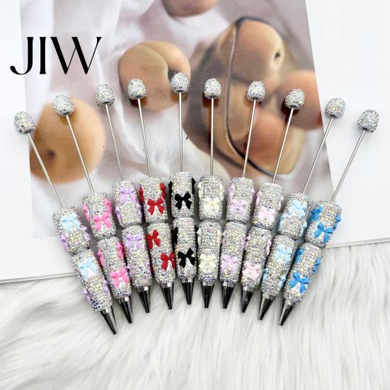Handmade Pen Supplies Glitter Beadable Ballpoint Pen, Rhinestone Bow Beaded DIY Fashionable Office Bling Black Ink Pens for Making, School Exquisite
