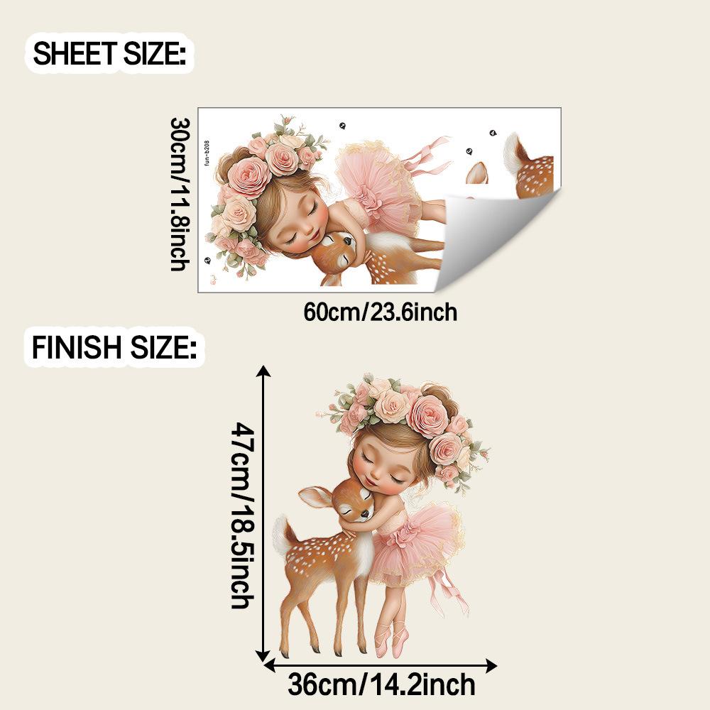 A Cartoon Ballet Girl Hugging A Little Deer Flower Bedroom Home Beautification Sticker