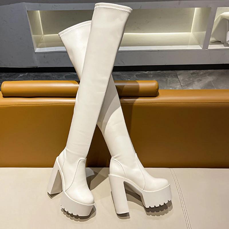 Мода Новые Сексуальные Сапоги Выше Колена Круглый Носок 14см Массивный Высокий Каблук Женская Обувь Длинные Сапоги Черная Платформа Круглый Носок Ботфорты до Бедра