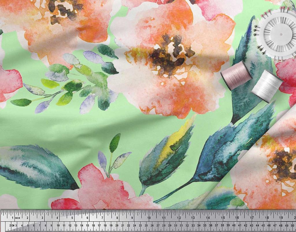 Soimoi Японский креп-атласная ткань с цветами и листьями, акварельный принт, швейная ткань, метр 42 дюйма