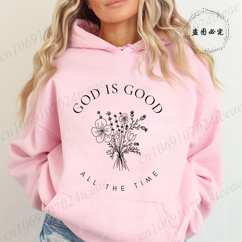 Бог благ всегда Принт Женская повседневная толстовка Худи Эстетичная спортивная одежда Полевые цветы Христианская толстовка Худи Рубашки