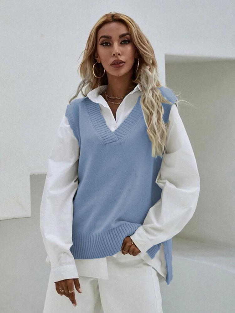 Женский облегающий свитер-жилет без рукавов с V-образным вырезом - Новый весенний вязаный топ-майка