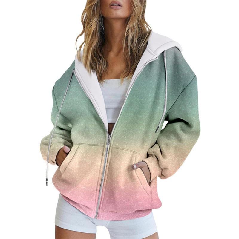 Womens Winter Hooded Zip-Up Sweatshirt Loose Fit 3D Printed Casual Pullover Long Sleeve