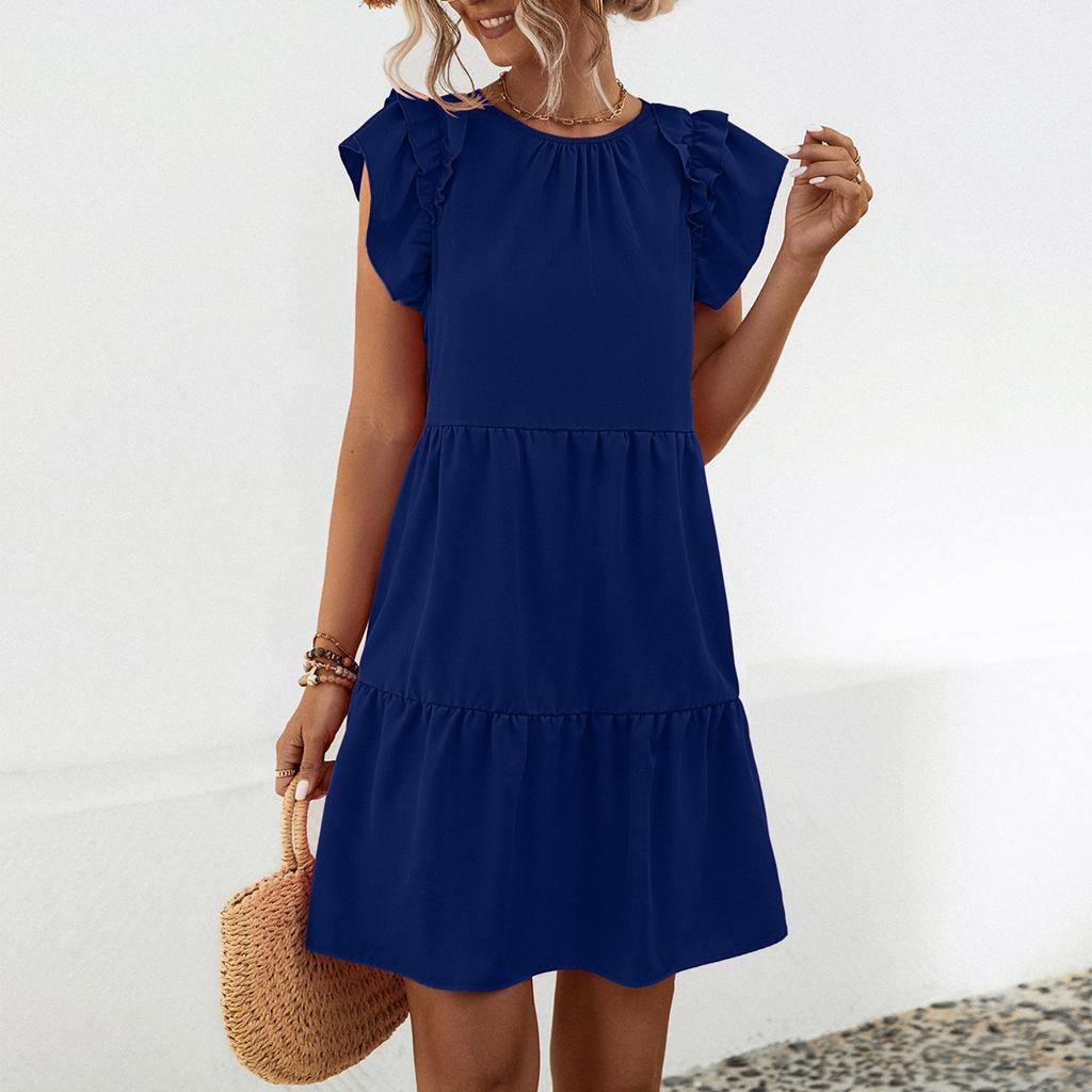 Женское повседневное модное сексуальное универсальное элегантное однотонное платье с круглым вырезом