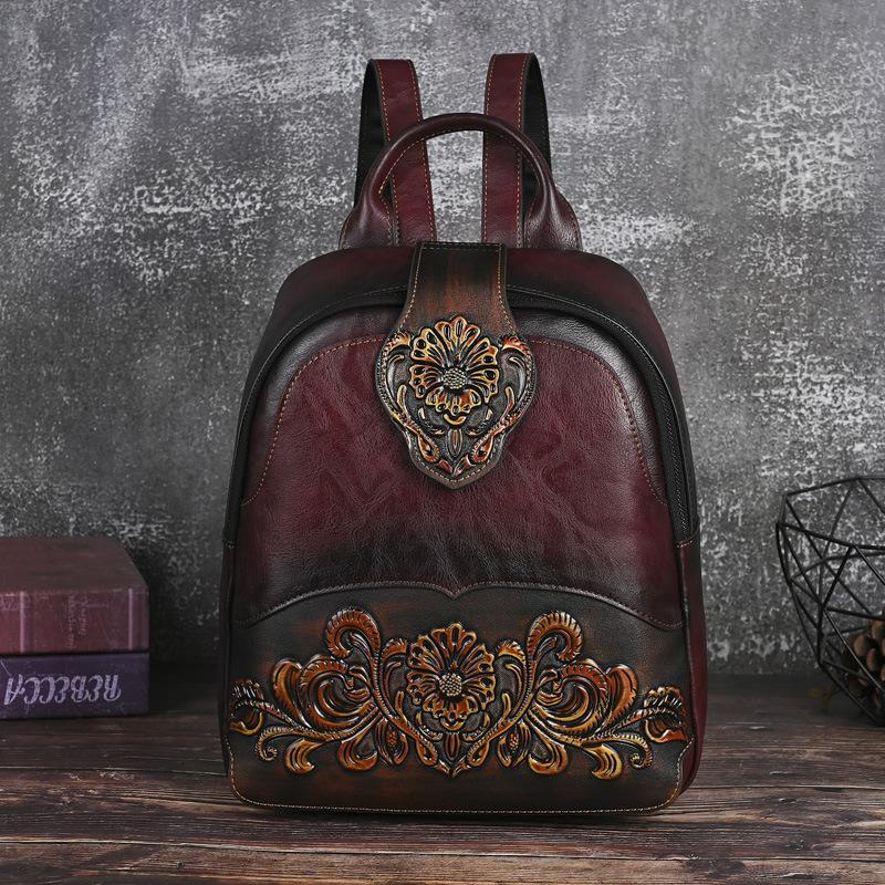 Johnature Embossed Vintage Backpack Versatile Women's Leather Bag Large Capacity Travel Backpacks