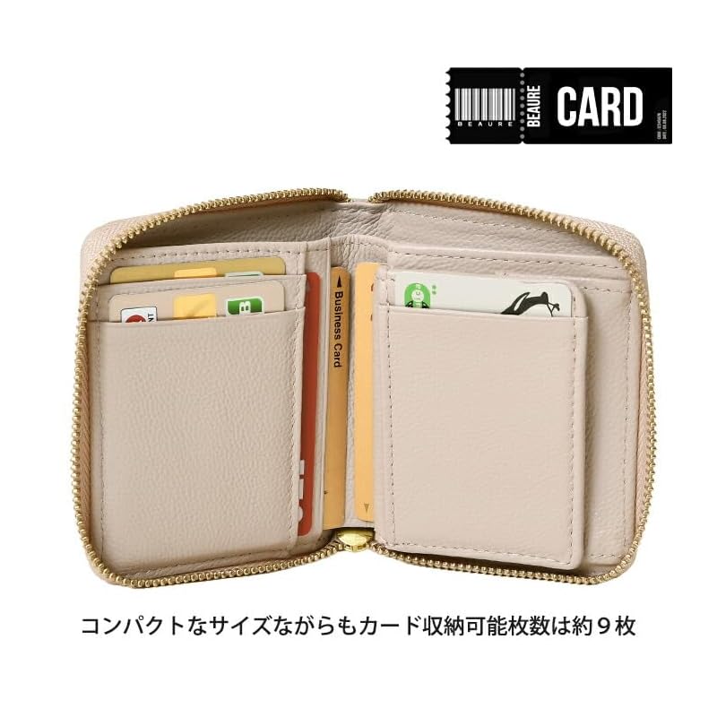 [BEAURE] [Vuret] B-24096 genuine leather short wallet round zipper mini wallet bi-fold with hand strap ladies P.Beige