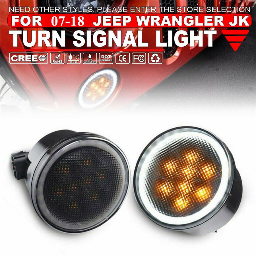 Pair LED Amber Grill Turn Signal Light for Jeep Wrangler JK 07-18 Halo Ring Angel Eye DRL Smoke Lens