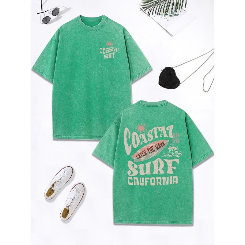 Coastal Surf Catch The Wave California Prints Washed T-Shirt Women Cotton Oversize Tops Distressed O-Neck T Shirt Summer Clothes