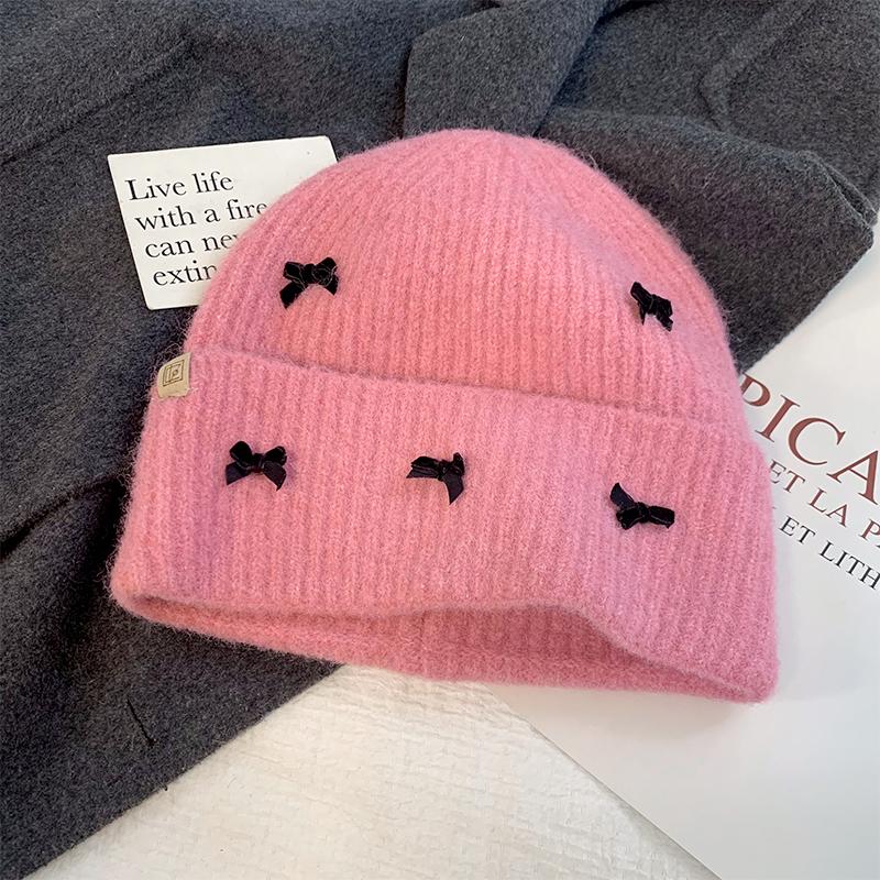 Милая и милая вязаная шерстяная шапка с бантом, детская осенне-зимняя универсальная маленькая утолщенная теплая холодная шапка